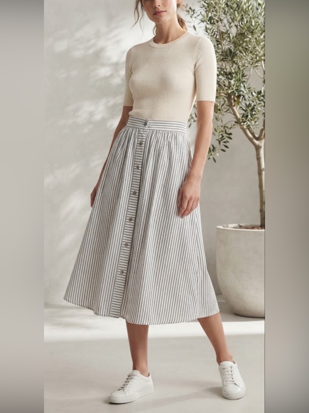 Tuckernuck Striped Linen Button-Front Midi Skirt Size Small